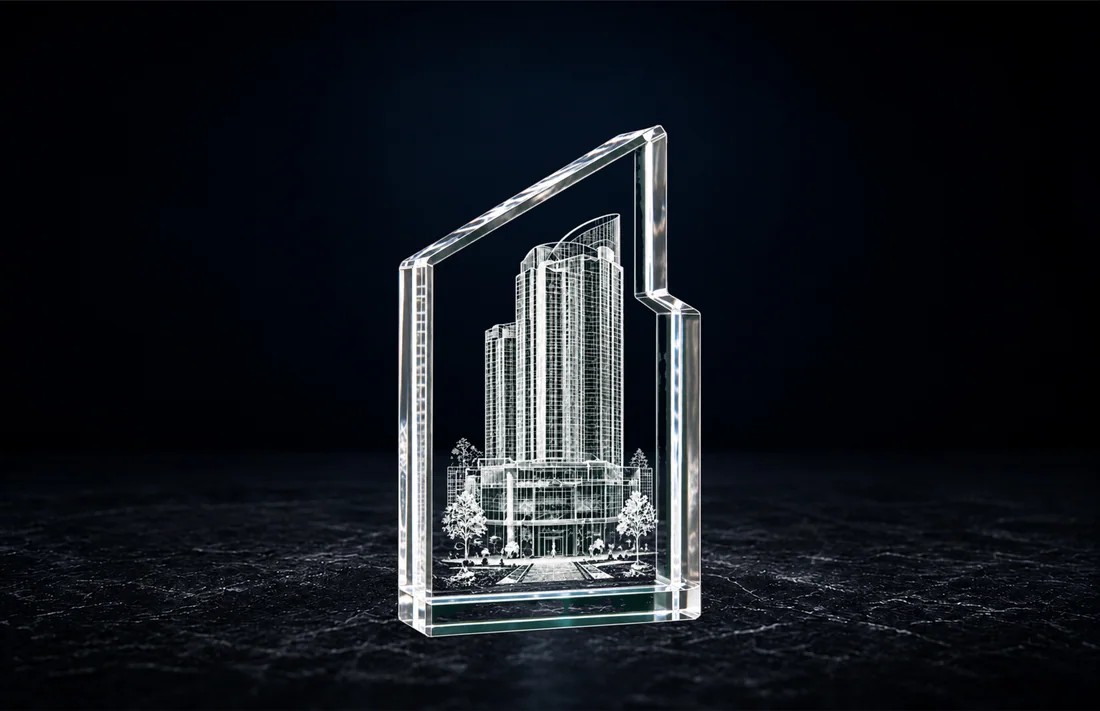A custom-shaped JetCut3D crystal with 3D laser engraving inside