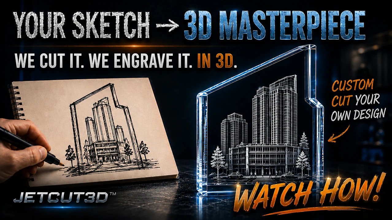 Your sketch turned into a 3D engraved crystal — watch how